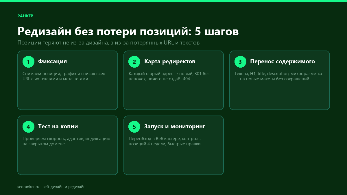 Инфографика: редизайн без потери позиций за 5 шагов — фиксация, карта редиректов, перенос содержимого, тест на копии, запуск и мониторинг