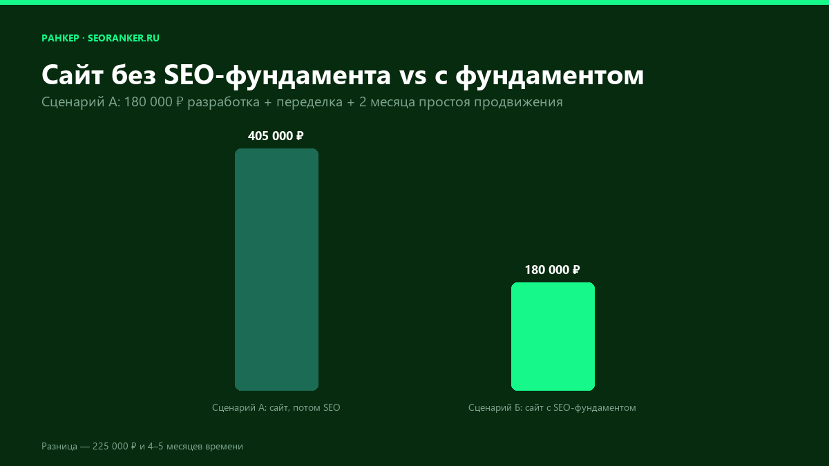 Диаграмма: сайт без SEO-фундамента обходится в 405 000 ₽ против 180 000 ₽ с фундаментом